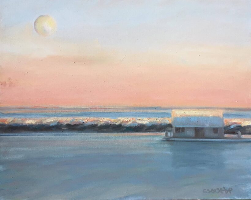 floating house in provincetown harbor,  super moon sunday 20 x 16